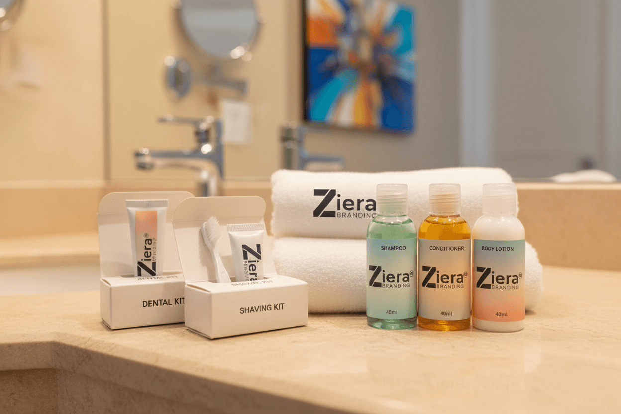 Hotel amenities set including shampoo, body wash and kits